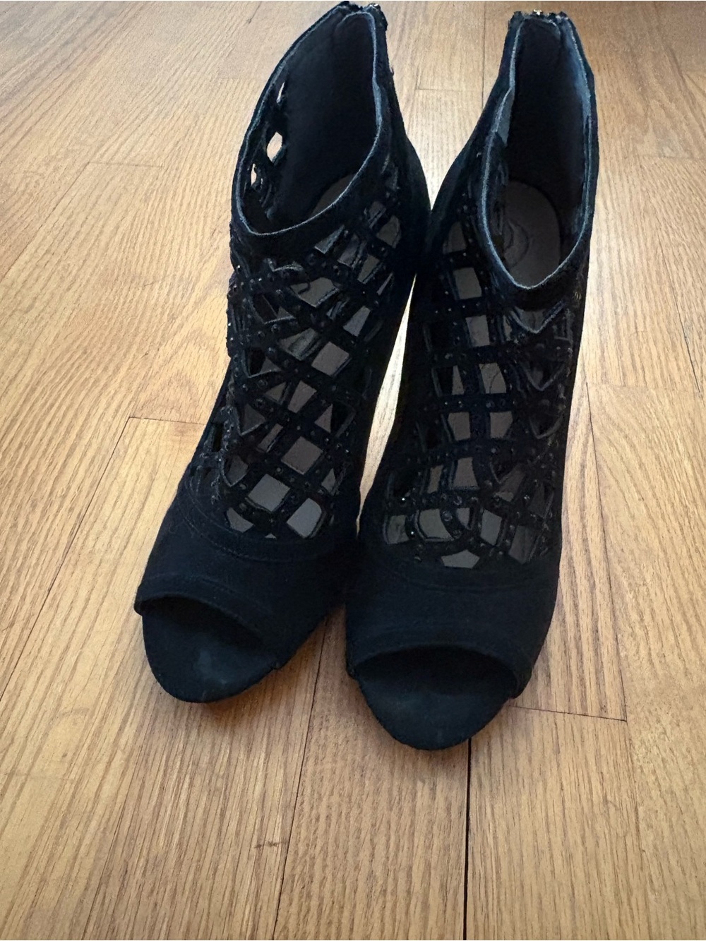 Nina Black Open-Toe Cage Heels